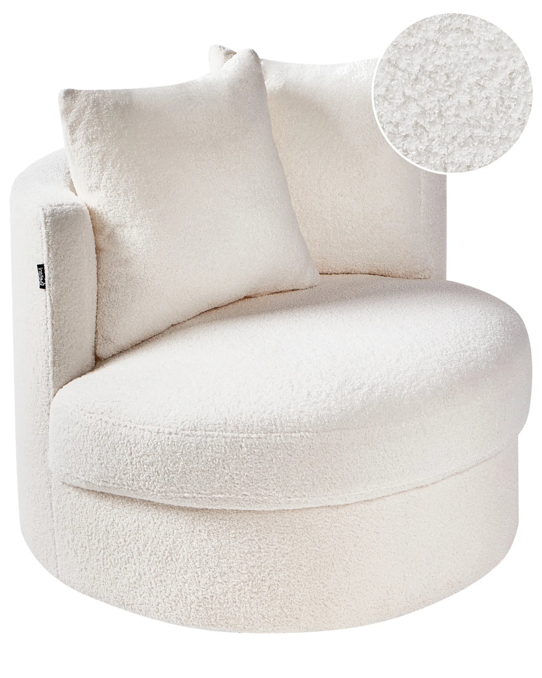 White plush armchair with a close-up of the fabric texture on a white background