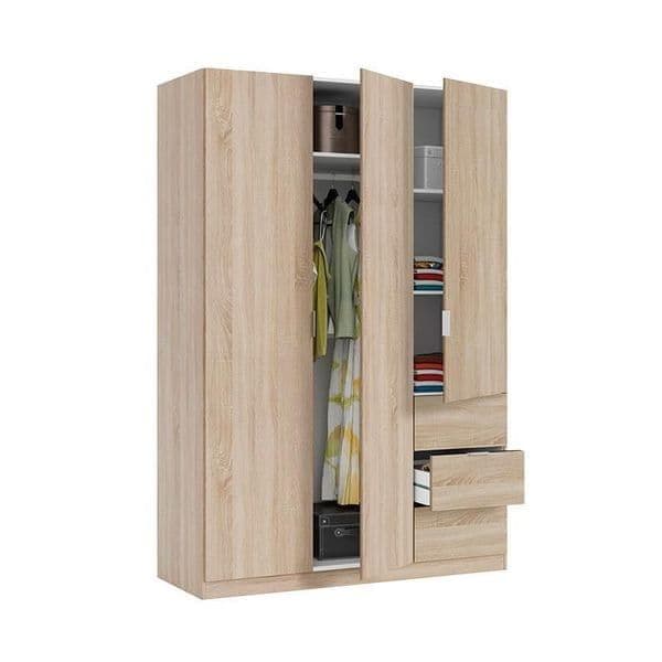Wooden wardrobe with open doors showing clothes on a white background