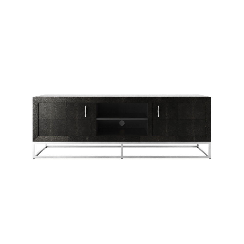Black TV stand with silver frame on a white background