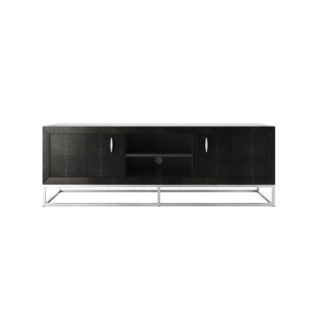 Black TV stand with silver frame on a white background