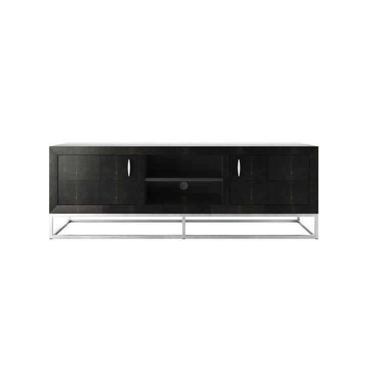 Black TV stand with silver frame on a white background