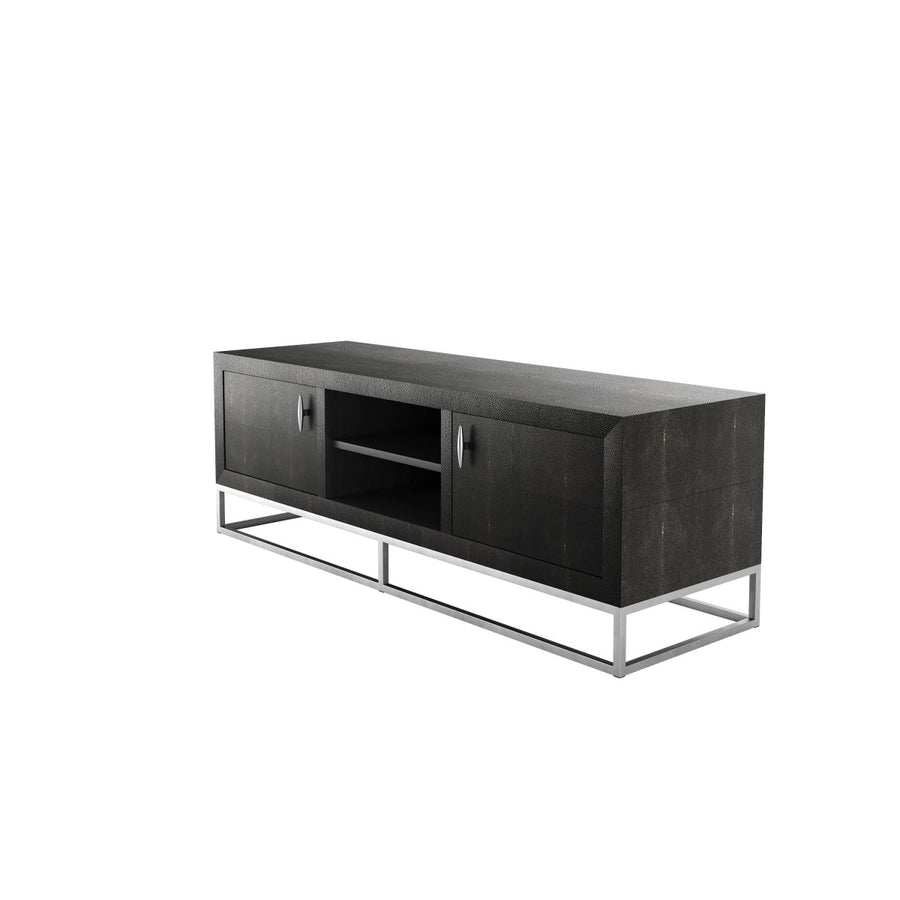 Black TV stand with metal legs on a white background