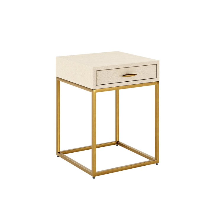 Small side table with a drawer and gold frame on a white background
