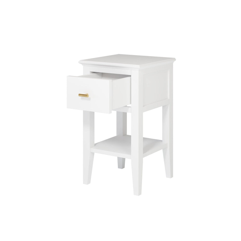 White nightstand with a drawer on a white background