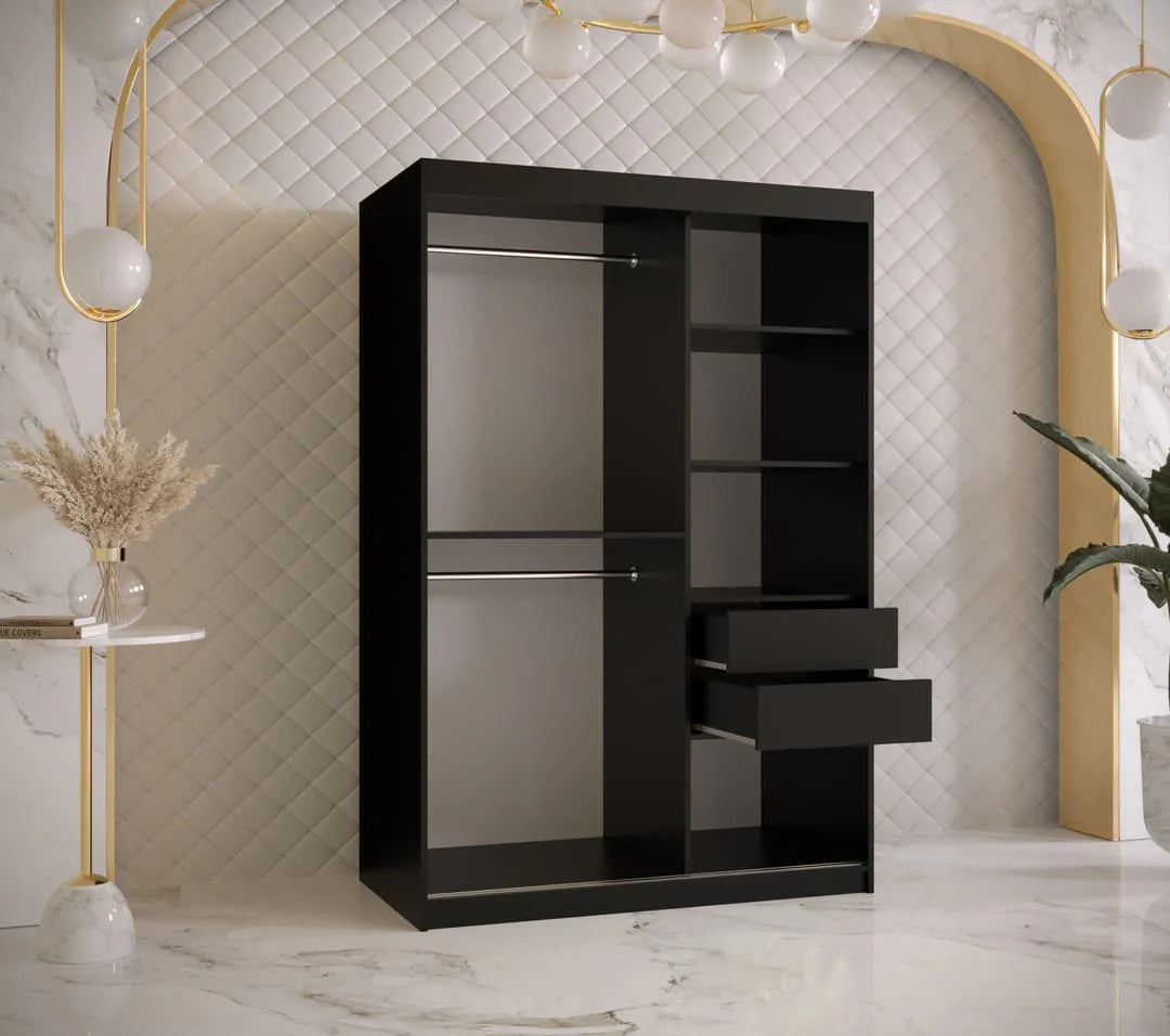 Ramiro I Contemporary 2 Sliding Door Wardrobe 5 Shelves 2 Rails Black Matt 120cm