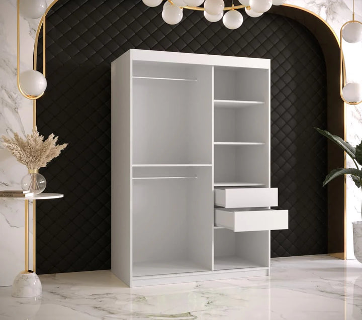 Ramiro I Contemporary 2 Sliding Door Wardrobe 5 Shelves 2 Rails White Matt 120cm
