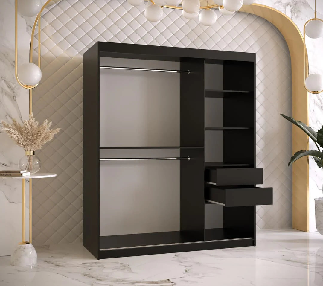 Ramiro I Contemporary 2 Sliding Door Wardrobe 5 Shelves 2 Rails Black Matt 150cm