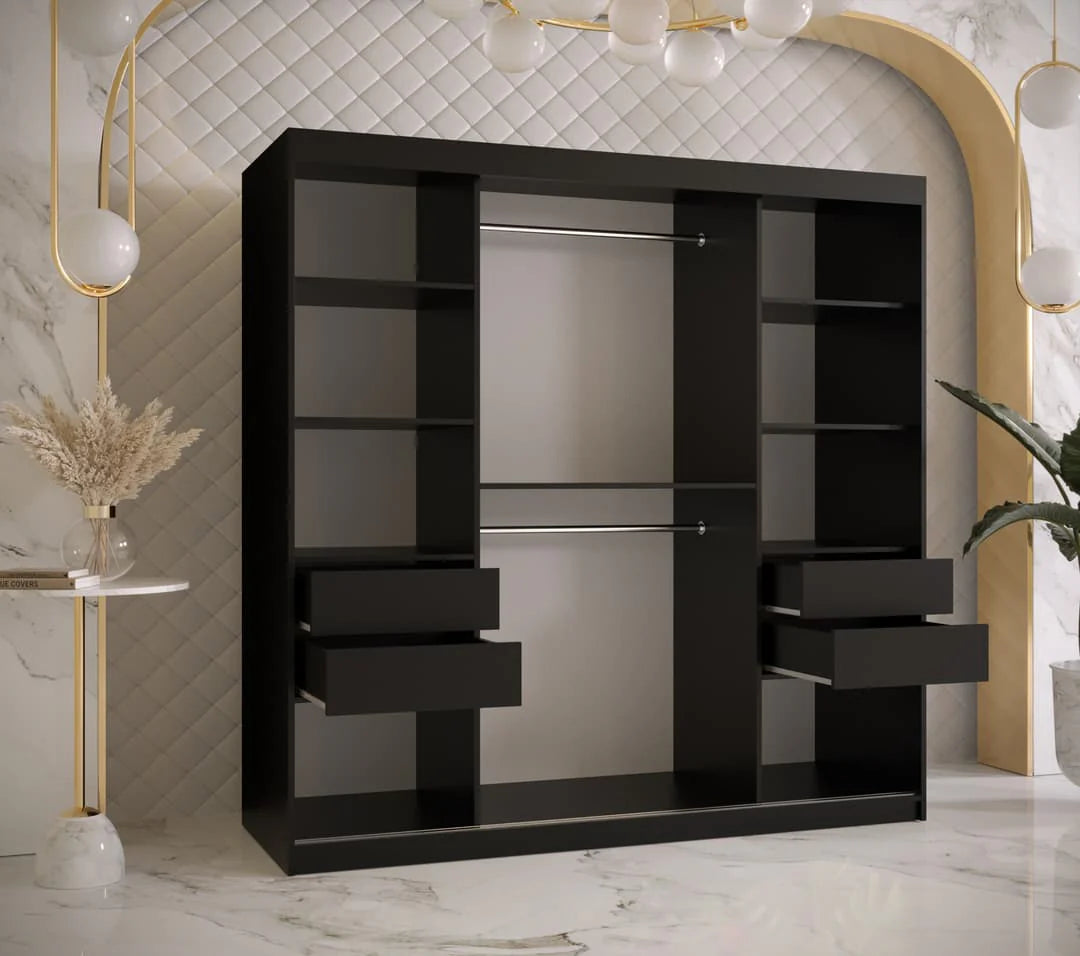 Ramiro I Contemporary 2 Sliding Door Wardrobe 9 Shelves 2 Rails Black Matt 180cm