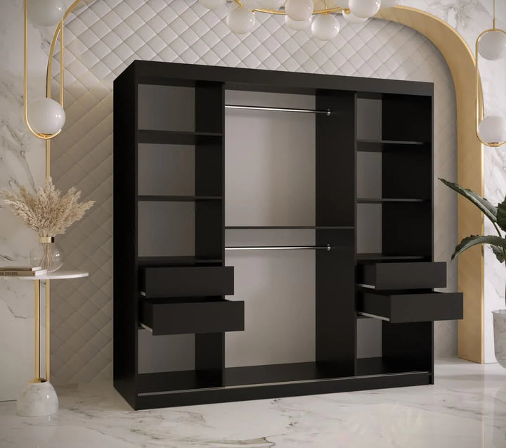 Ramiro I Contemporary 2 Sliding Door Wardrobe 9 Shelves 2 Rails Black Matt 180cm