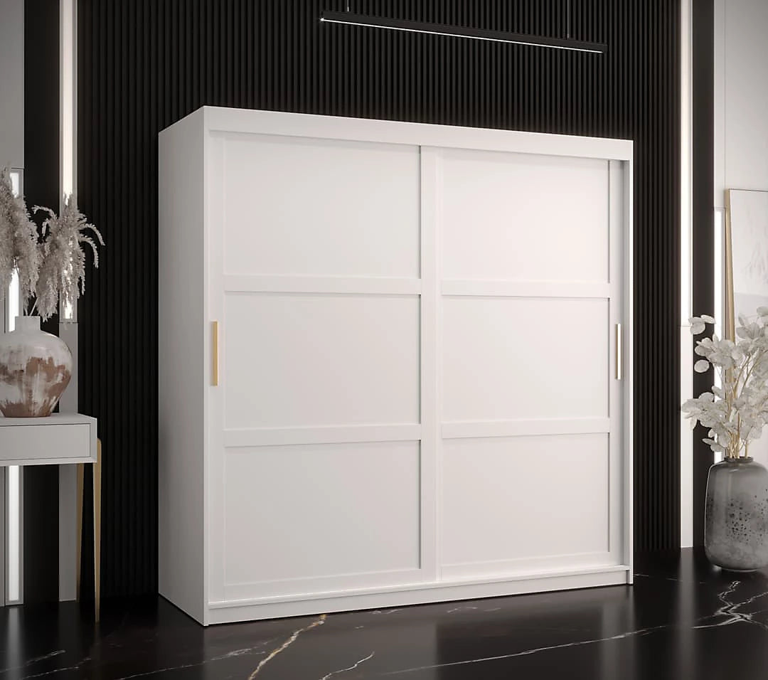 Ramiro I Contemporary 2 Sliding Door Wardrobe 9 Shelves 2 Rails White Matt 180cm
