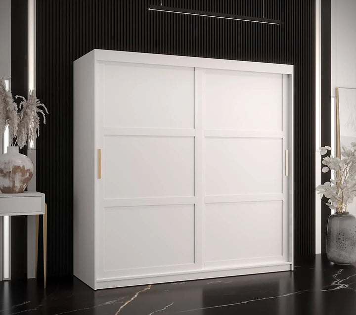 Ramiro I Contemporary 2 Sliding Door Wardrobe 9 Shelves 2 Rails White Matt 180cm