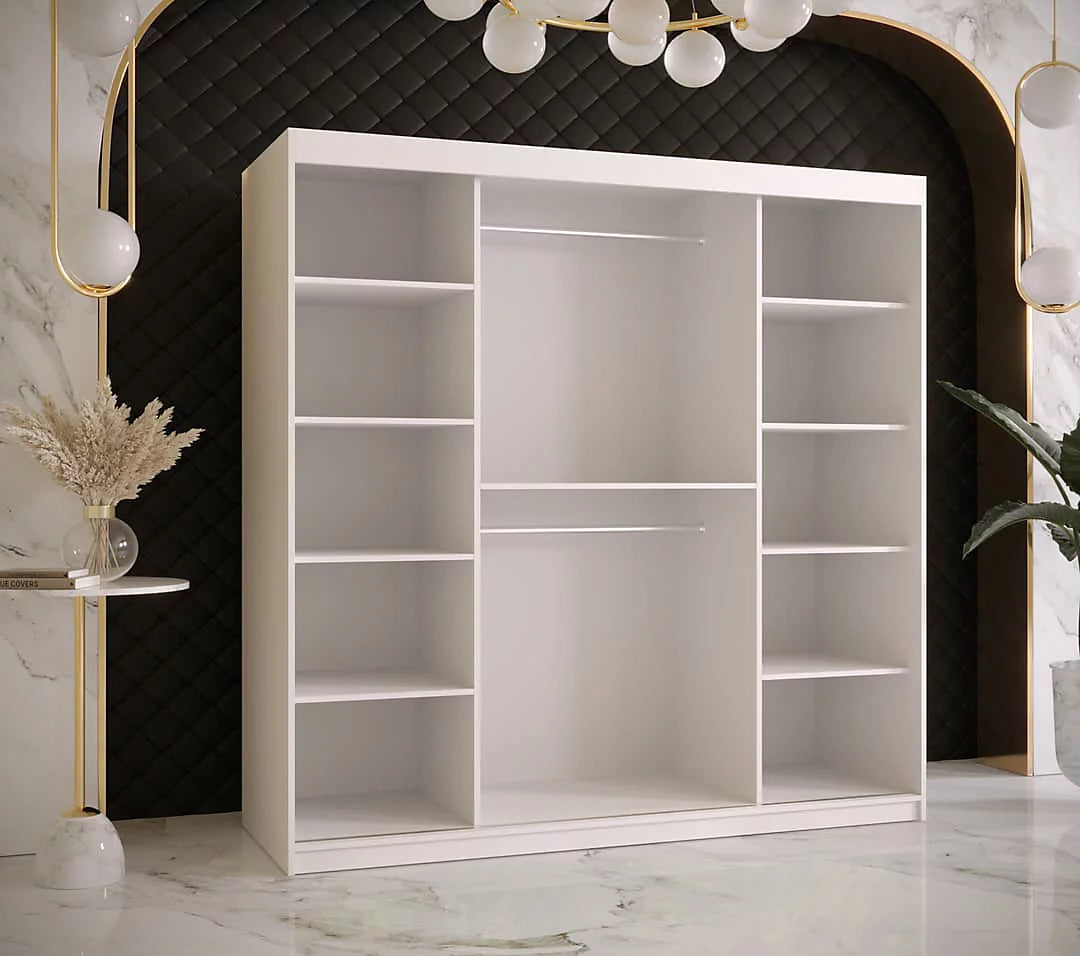 Ramiro I Contemporary 2 Sliding Door Wardrobe 9 Shelves 2 Rails White Matt 180cm