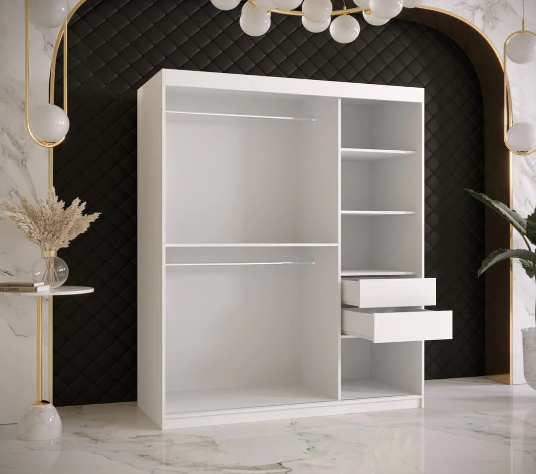 Ramiro I Contemporary 2 Sliding Door Wardrobe 5 Shelves 2 Rails White Matt 150cm