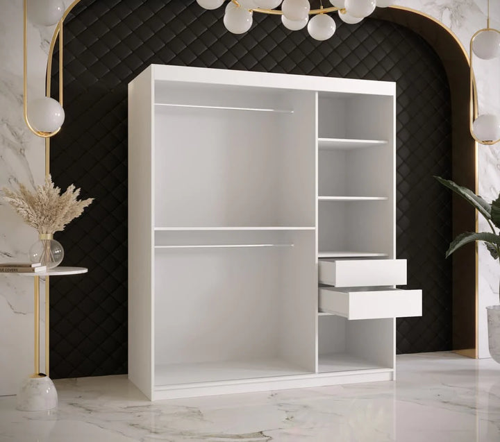 Ramiro I Contemporary 2 Sliding Door Wardrobe 5 Shelves 2 Rails White Matt 150cm
