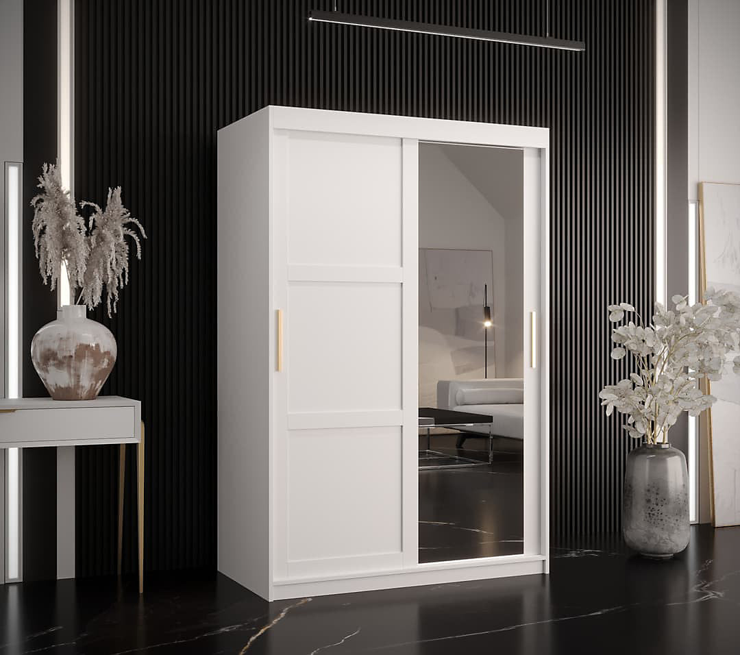 Ramiro II Contemporary 2 Sliding Door Wardrobe 5 Shelves 2 Rails White Matt 120cm