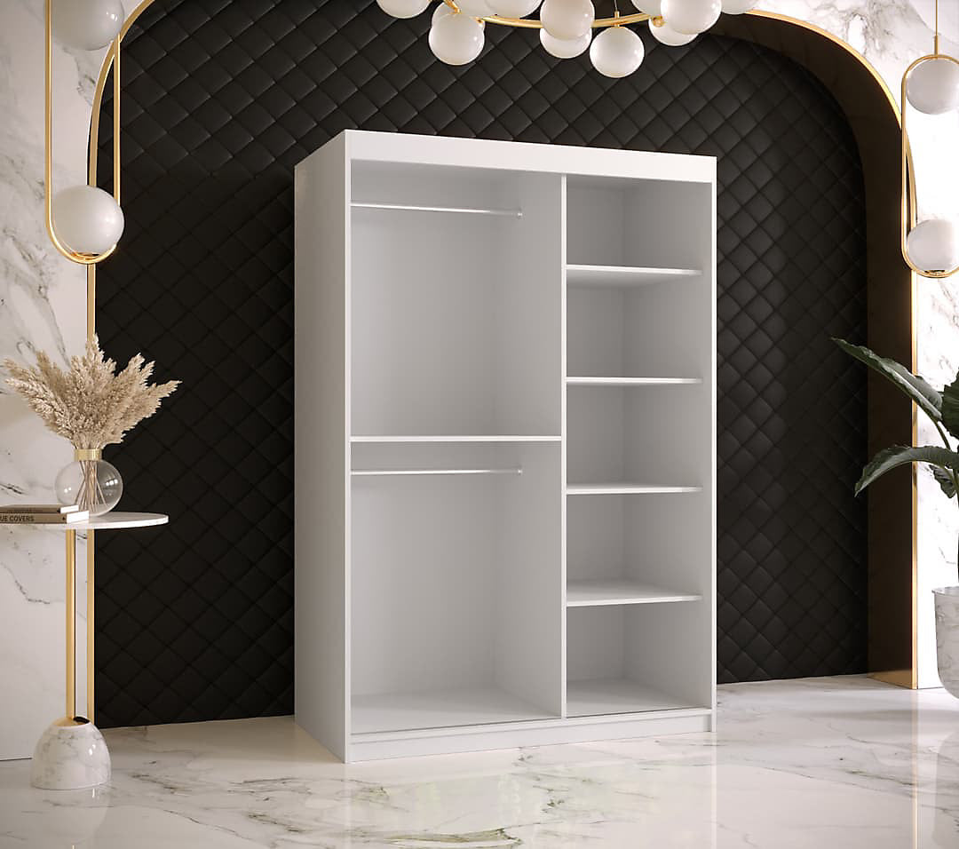 Ramiro II Contemporary 2 Sliding Door Wardrobe 5 Shelves 2 Rails White Matt 120cm