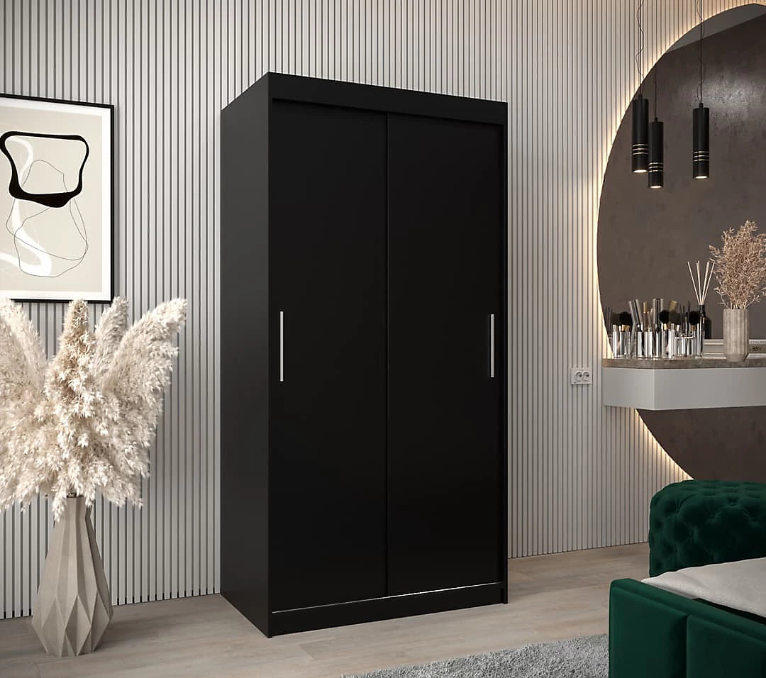 Tokyo Contemporary 2 Sliding Door Wardrobe 5 Shelves 2 Rails Black Matt