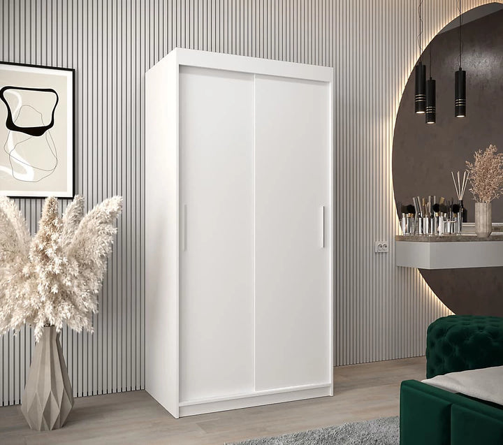 Tokyo Contemporary 2 Sliding Door Wardrobe 5 Shelves 2 Rails White Matt