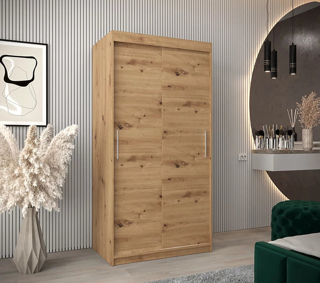 Tokyo Contemporary 2 Sliding Door Wardrobe 5 Shelves 2 Rails Oak Artisan Effect