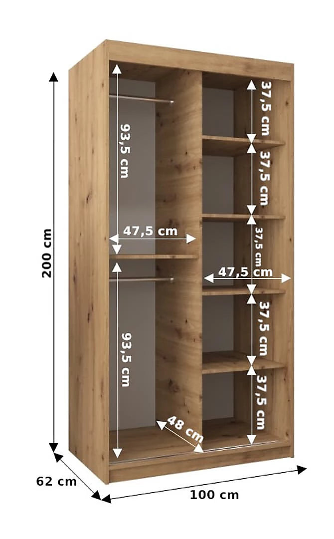 Tokyo Contemporary 2 Sliding Door Wardrobe 5 Shelves 2 Rails Oak Artisan Effect 100cm