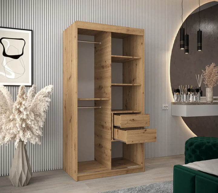 Tokyo Contemporary 2 Sliding Door Wardrobe 5 Shelves 2 Rails Oak Artisan Effect 100cm