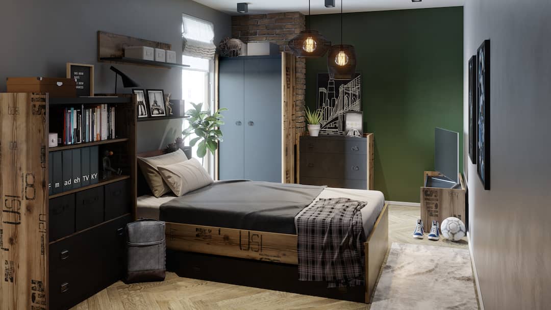 Funky Fargo Corner Wardrobe in Raw Steel & Canyon Alpine Spruce