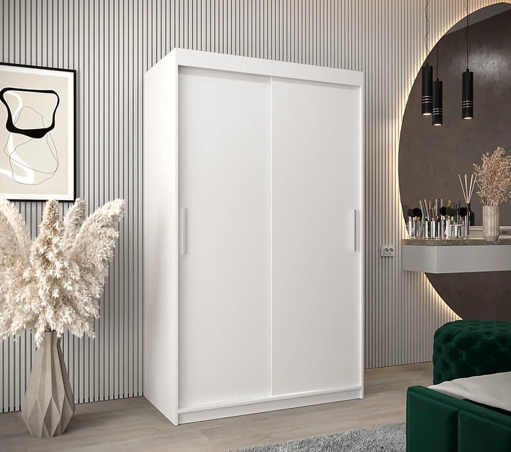 Tokyo Contemporary 2 Sliding Door Wardrobe 5 Shelves 2 Rails White Matt