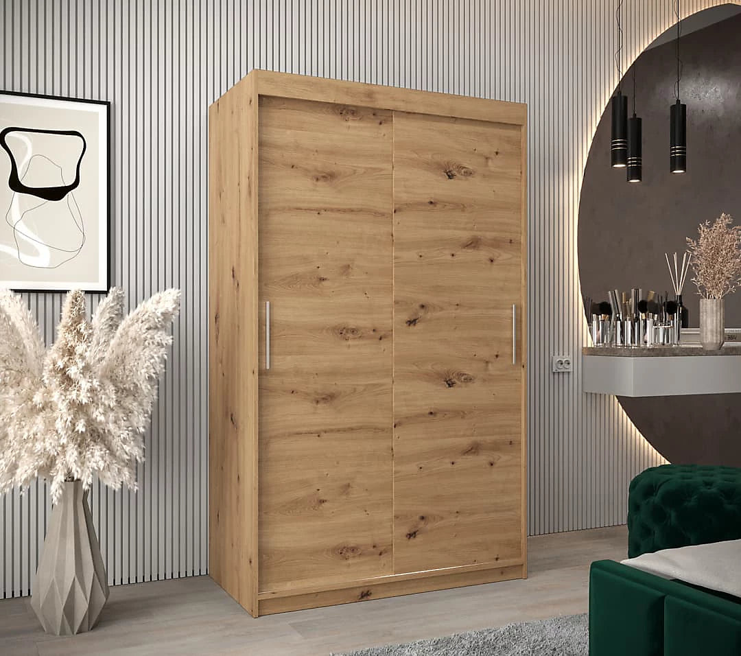 Tokyo Contemporary 2 Sliding Door Wardrobe 5 Shelves 2 Rails Oak Artisan Effect