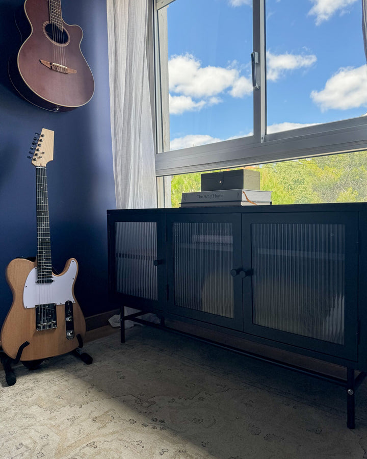 Rahn 3 Door Metal Sideboard with Glass Display Black