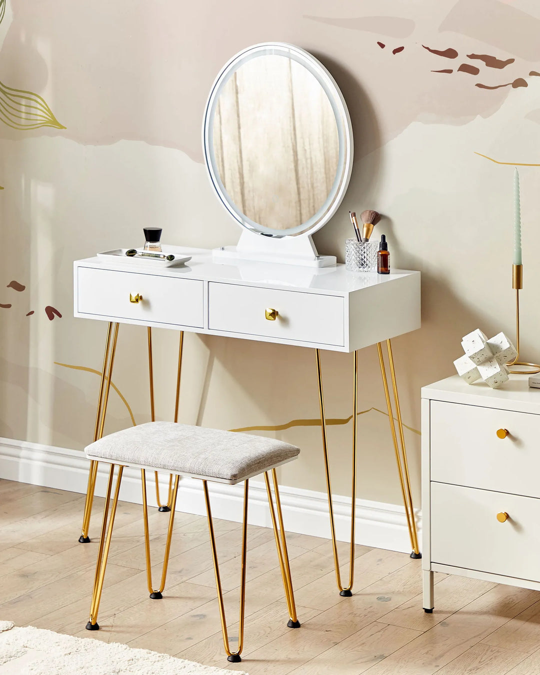 Dressing Table with Mirror and Stool White Elowen