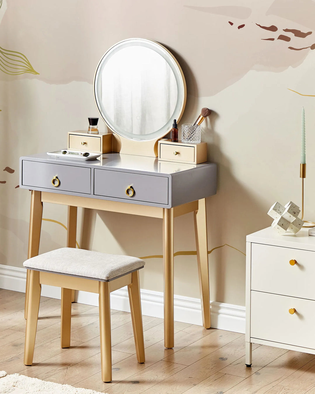Dressing Table with Mirror and Stool Grey Bellora