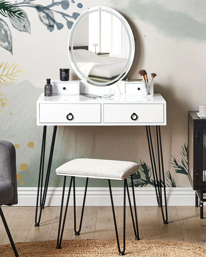 Dressing Table with Mirror and Stool White Veloura