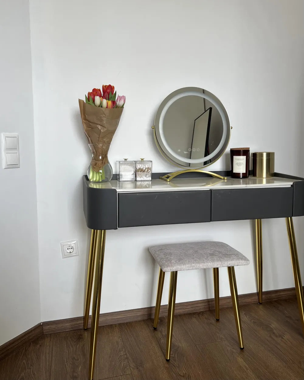 Dressing Table with Mirror and Stool Grey Novara