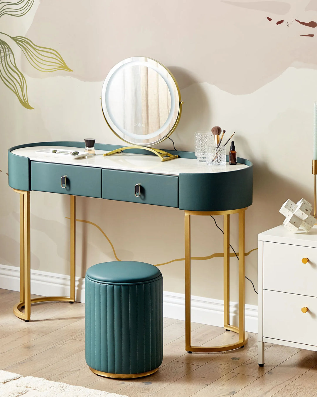 Dressing Table with Mirror and Stool Dark Green Emerelle