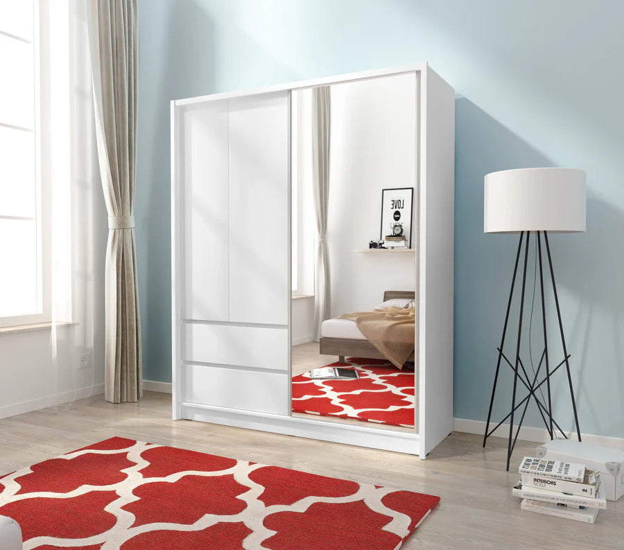 Sara Mirrored Wardrobe 150cm with Drawers in White