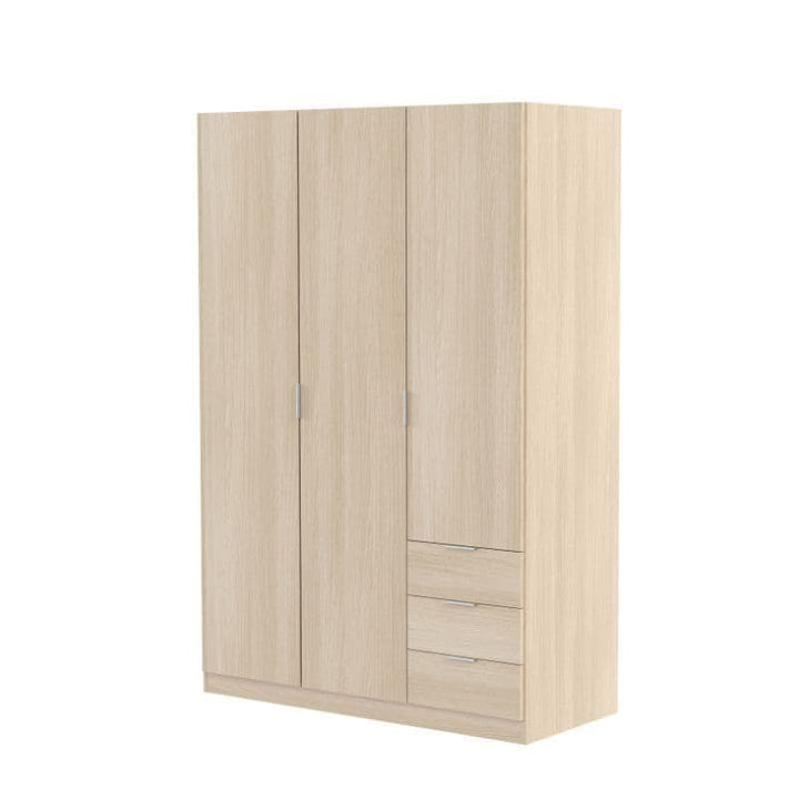 Wooden wardrobe with two doors and three drawers on a white background