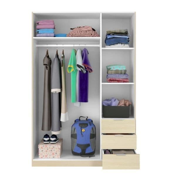 Closet with clothes hanging and stacked on shelves