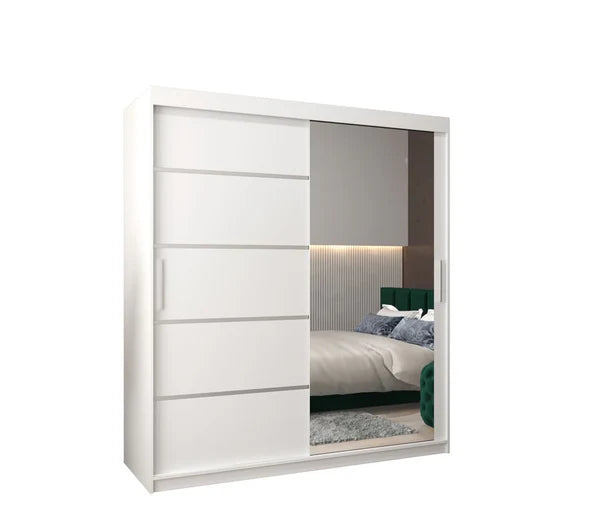 Verona 02 Contemporary 2 Mirrored Sliding Door Wardrobe 9 Shelves 2 Rails White Matt