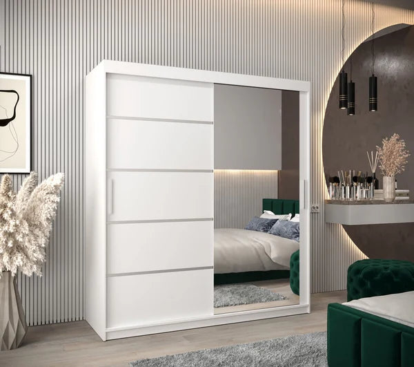 Verona 02 Contemporary 2 Mirrored Sliding Door Wardrobe 9 Shelves 2 Rails White Matt