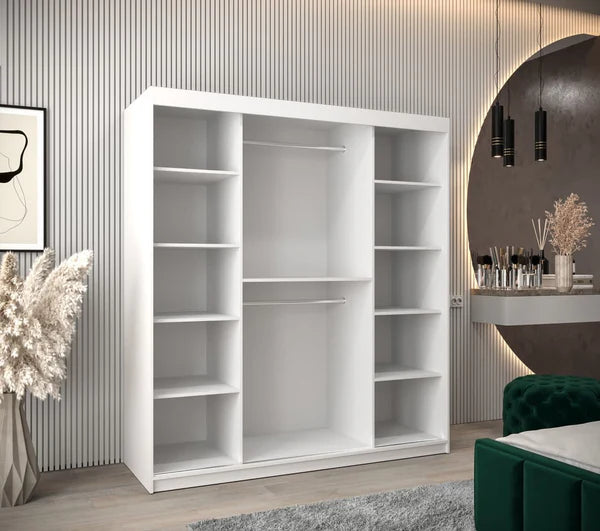 Verona 02 Contemporary 2 Mirrored Sliding Door Wardrobe 9 Shelves 2 Rails White Matt