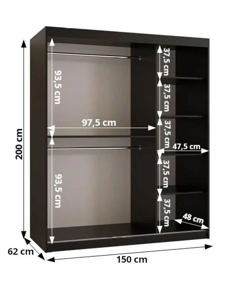 Ramiro II Contemporary 2 Sliding Door Wardrobe 5 Shelves 2 Rails Black Matt