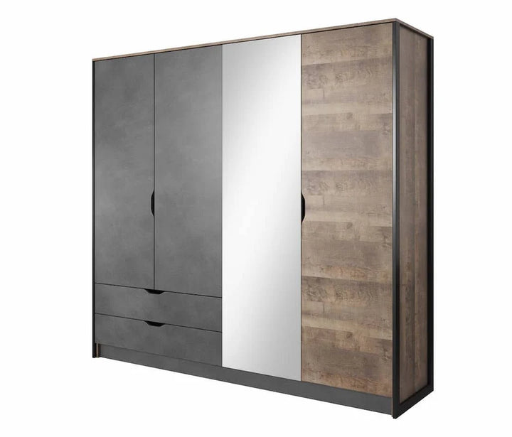 Arden Contemporary 4 Mirrored Hinged Door Wardrobe 4 Shelves 2 Drawers 2 Rails Grande Oak Effect