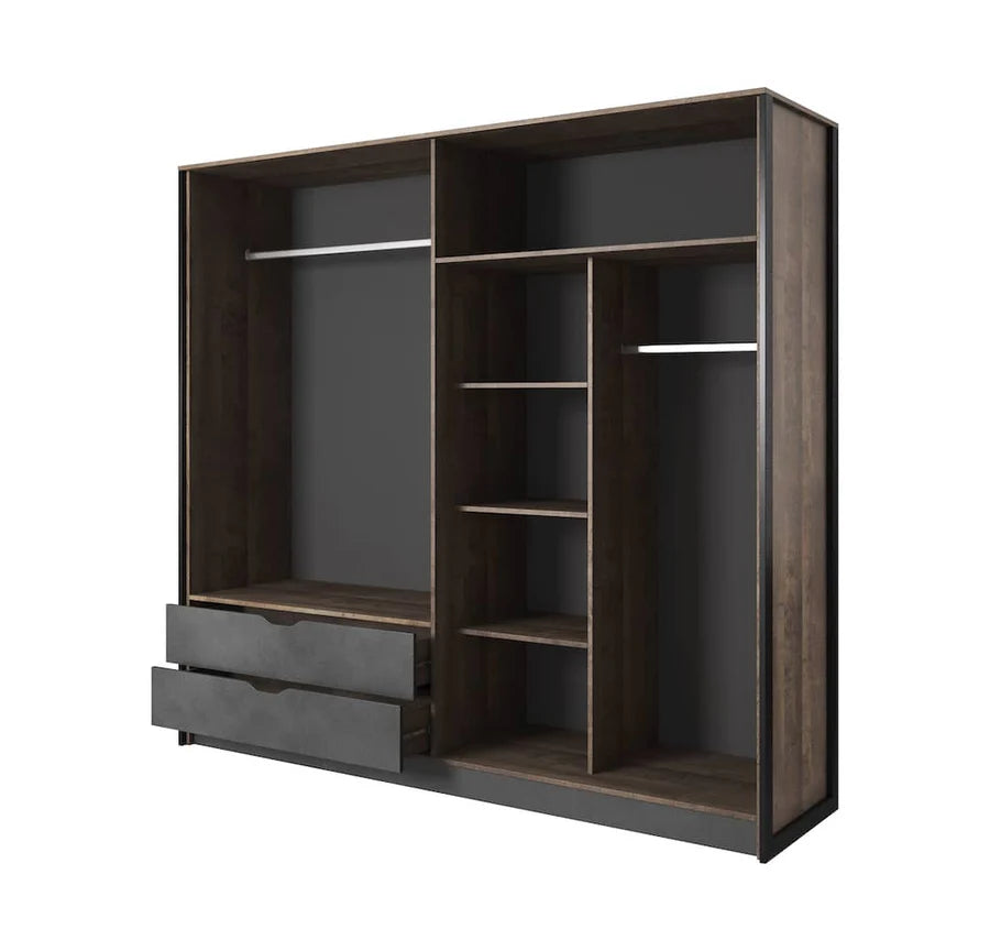 Arden Contemporary 4 Mirrored Hinged Door Wardrobe 4 Shelves 2 Drawers 2 Rails Grande Oak Effect