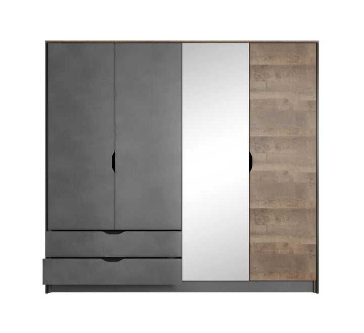 Arden Contemporary 4 Mirrored Hinged Door Wardrobe 4 Shelves 2 Drawers 2 Rails Grande Oak Effect