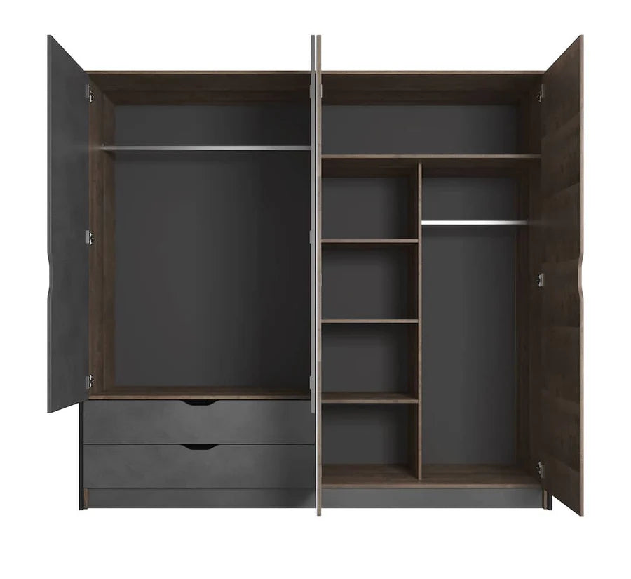 Arden Contemporary 4 Mirrored Hinged Door Wardrobe 4 Shelves 2 Drawers 2 Rails Grande Oak Effect