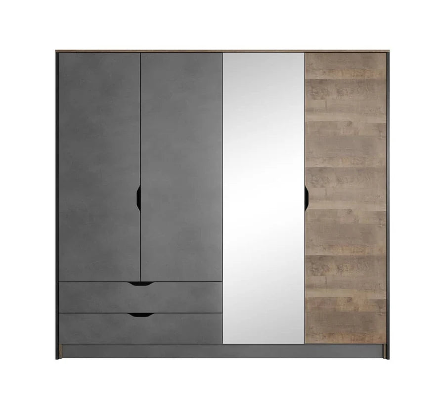 Arden Contemporary 4 Mirrored Hinged Door Wardrobe 4 Shelves 2 Drawers 2 Rails Grande Oak Effect