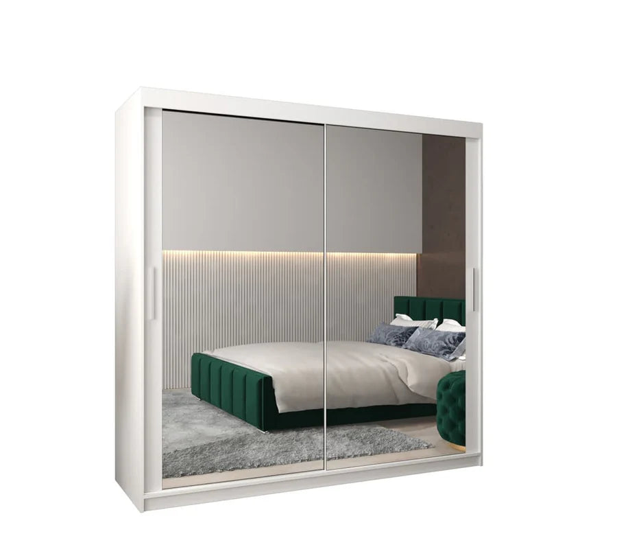 Tokyo 03 Contemporary Mirrored 2 Sliding Door Wardrobe 9 Shelves 2 Rails White Matt