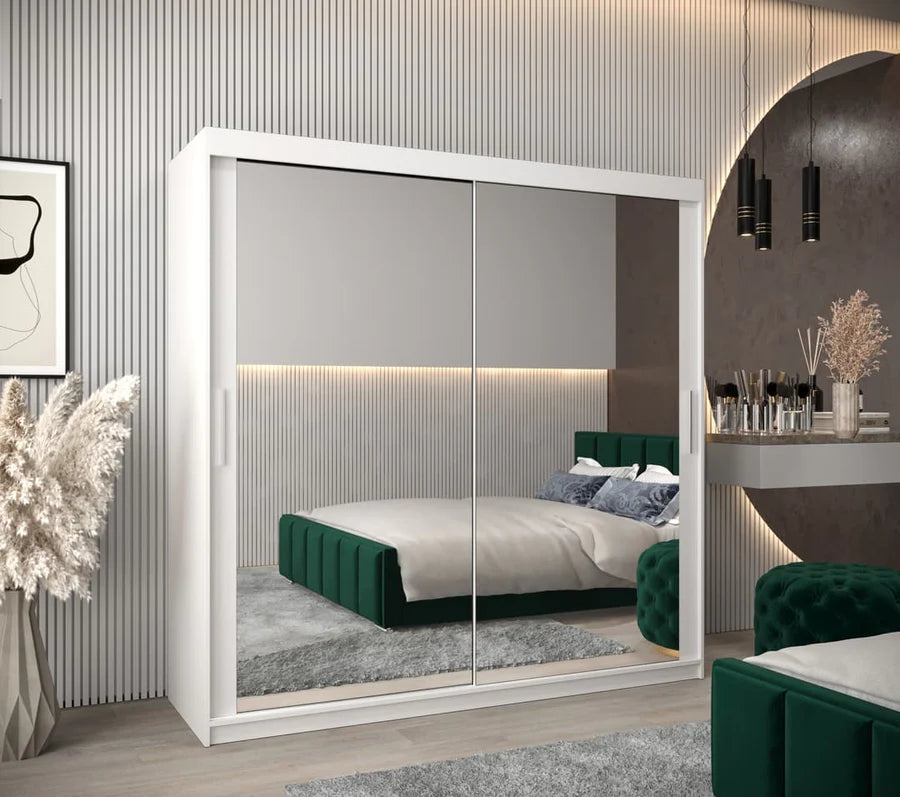 Tokyo 03 Contemporary Mirrored 2 Sliding Door Wardrobe 9 Shelves 2 Rails White Matt