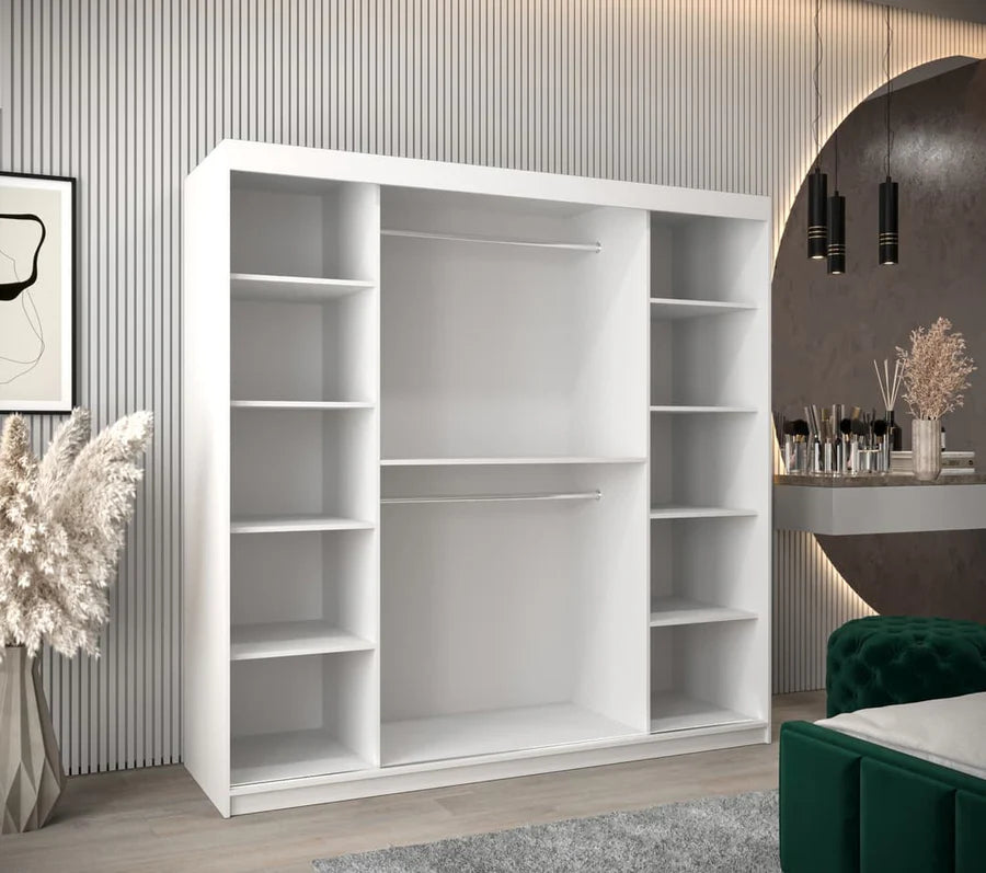 Tokyo 03 Contemporary Mirrored 2 Sliding Door Wardrobe 9 Shelves 2 Rails White Matt 200cm