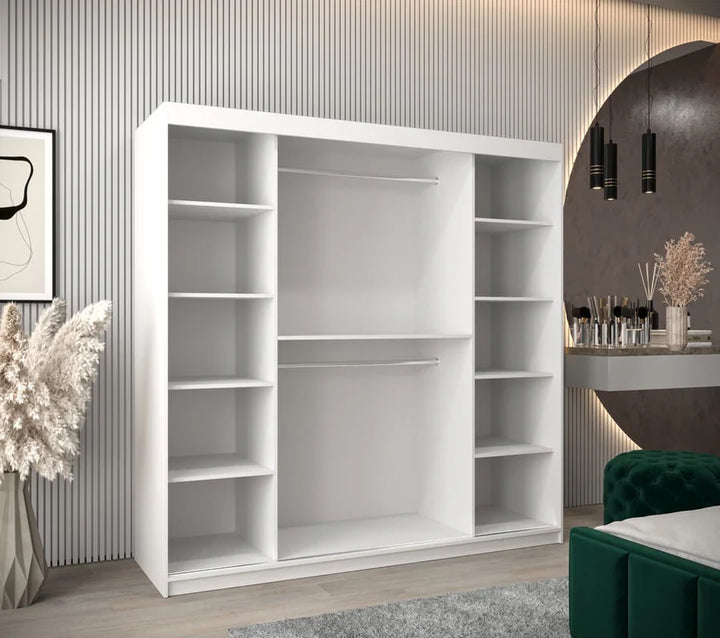 Tokyo 03 Contemporary Mirrored 2 Sliding Door Wardrobe 9 Shelves 2 Rails White Matt 200cm